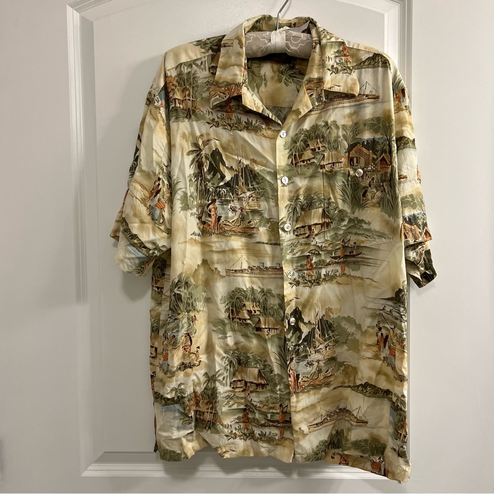 Tori Richard Hawaiian Shirt Mens Large Beige Floral Button Up Camp Top